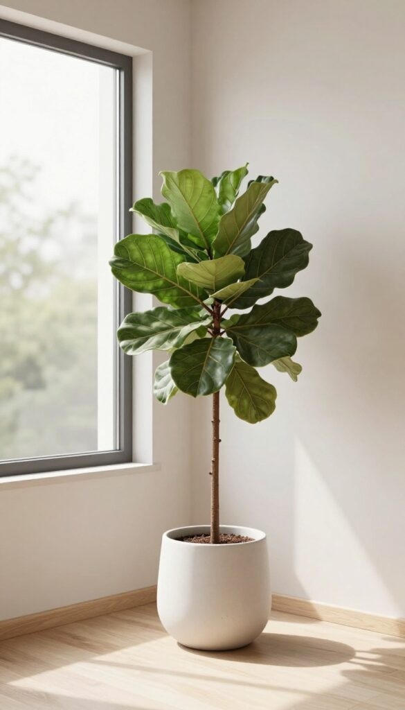 Modern cottage living room with a tall fiddle leaf fig plant in a white pot beside a window, natural light, neutral decor.