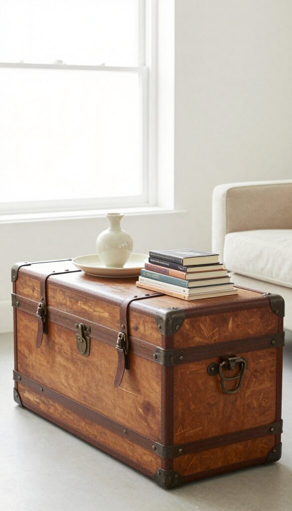 Vintage trunk used as coffee table and toy storage in living room with tray and books on top