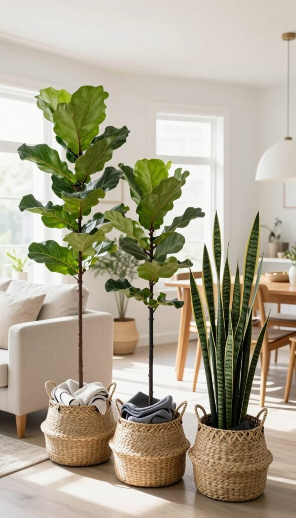 Tall plant stands with storage baskets creating a natural room partition between living and dining areas, with woven baskets at the base holding throws and napkins.