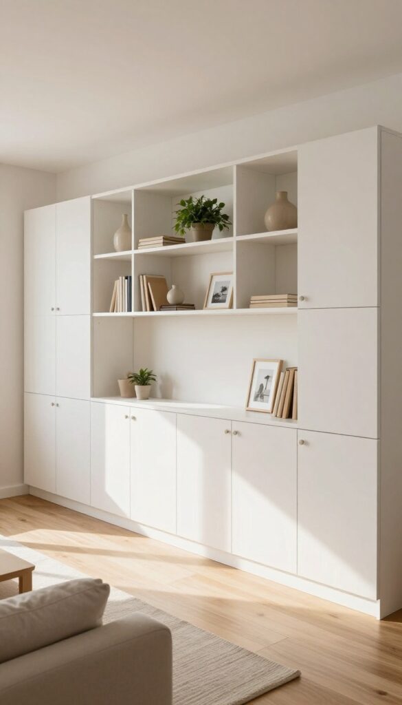 Living room with IKEA Besta storage wall mixing open shelves and closed cabinets, decorated with plants and books.