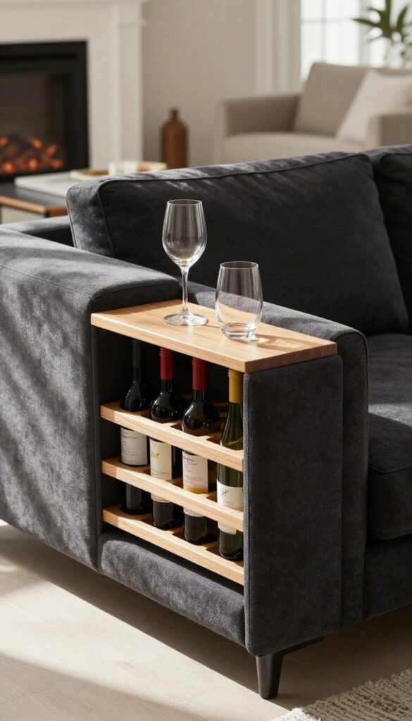 Sectional sofa with built-in wine rack in armrest holding wine bottles and glasses, dark charcoal upholstery, natural light, cozy living room background.