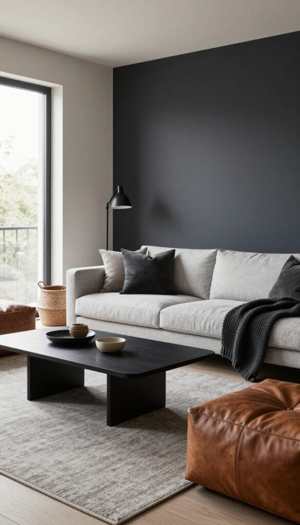 Neutral living room with navy accent wall, gray sofa, and black accents for sleek depth.