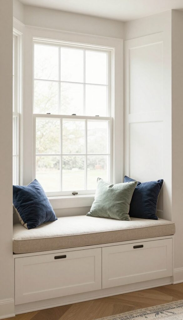 A bright living room with a window seat featuring storage drawers, plush cushions, and decorative pillows in a cozy reading nook.