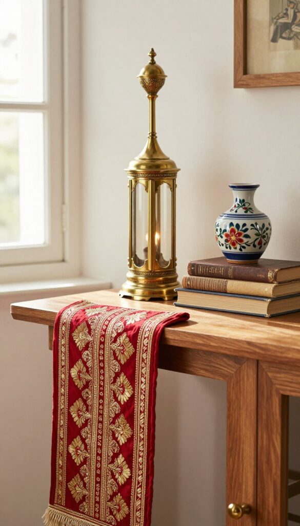 A close-up of a wooden shelf displaying a brass lamp, vintage books, a ceramic vase, and an embroidered runner, with soft natural light highlighting the textures.