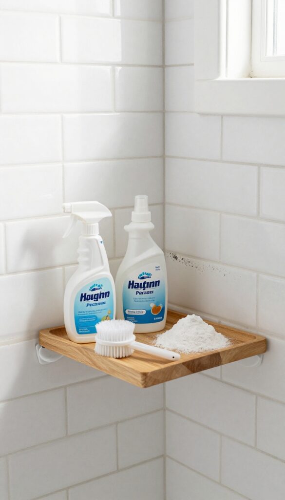 Three cleaning solutions for shower mold: white vinegar, hydrogen peroxide, and baking soda paste, arranged on a tray in a bright bathroom.
