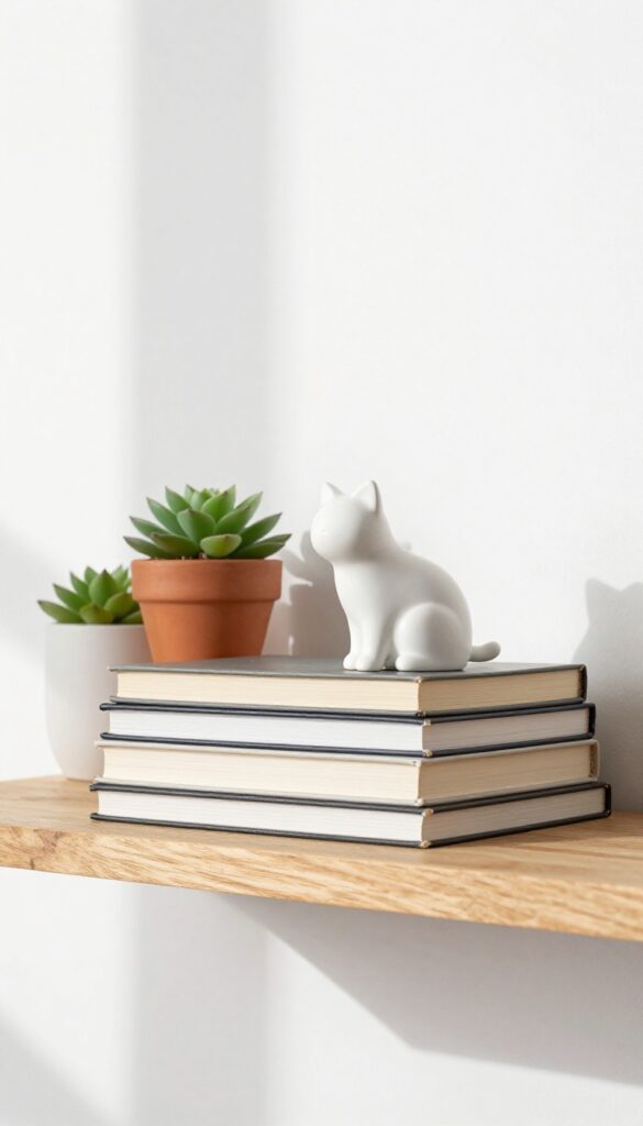 A white ceramic cat figurine on a shelf with books and a succulent