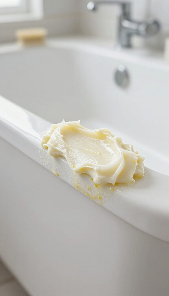 Borax and lemon juice paste on bathtub stain with soft brush