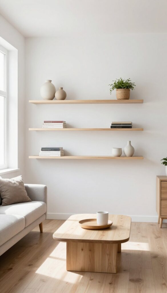 Floating shelves in a mobile home living room with decor and plants, showing vertical storage.