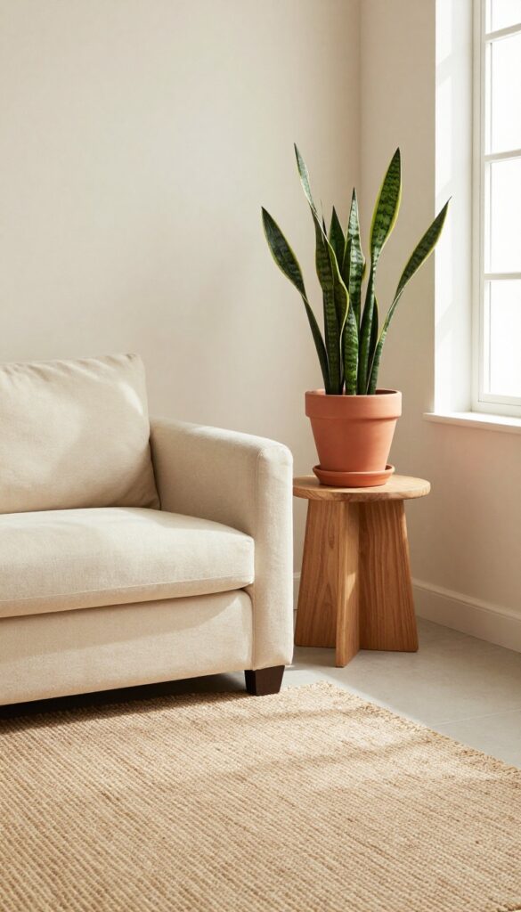 Beige living room with snake plant in terracotta planter on side table, warm natural light, cozy neutral decor
