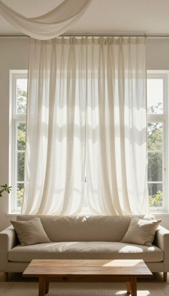 Living room with draped linen canopy ceiling, soft natural light, boho style