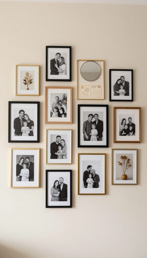 A mixed media gallery wall with art prints, photos, a mirror, and a dried botanical in warm neutral tones, arranged in a balanced oval shape on a bright living room wall.