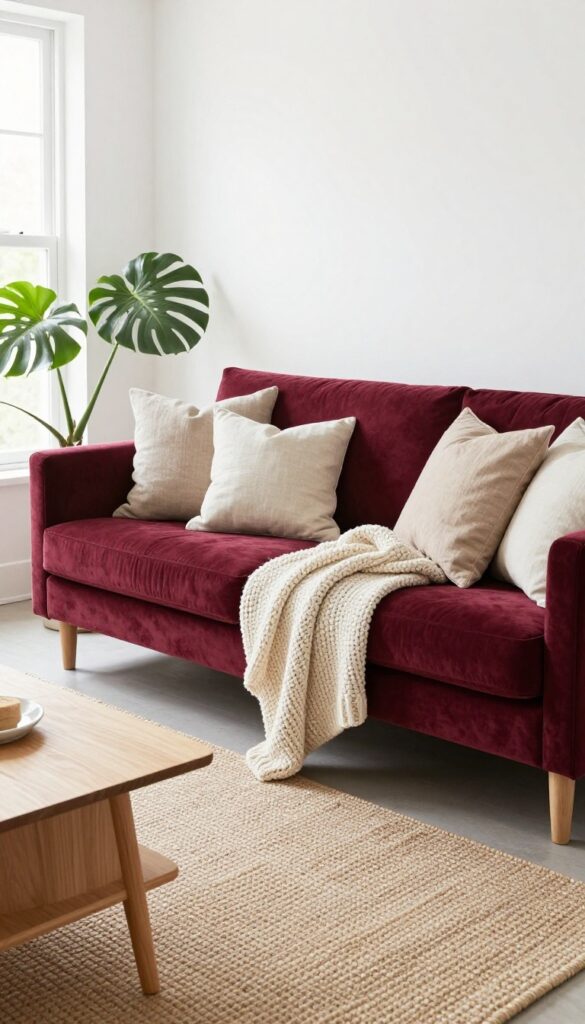 Bright living room with burgundy sofa layered with cream knit throw and beige linen pillows, natural light, airy feel