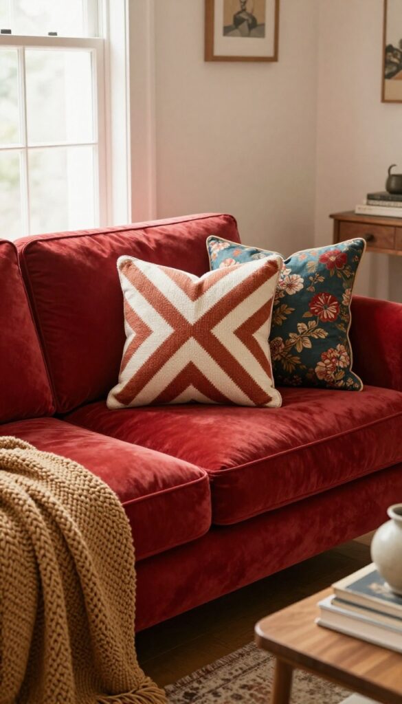 Cozy living room with red sofa decorated with patterned pillows and a textured throw blanket in warm neutrals.
