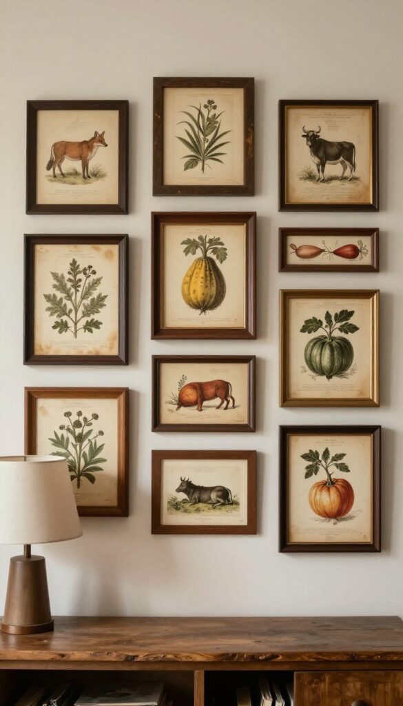 A gallery wall of vintage farm prints with mixed frames in a cozy living room