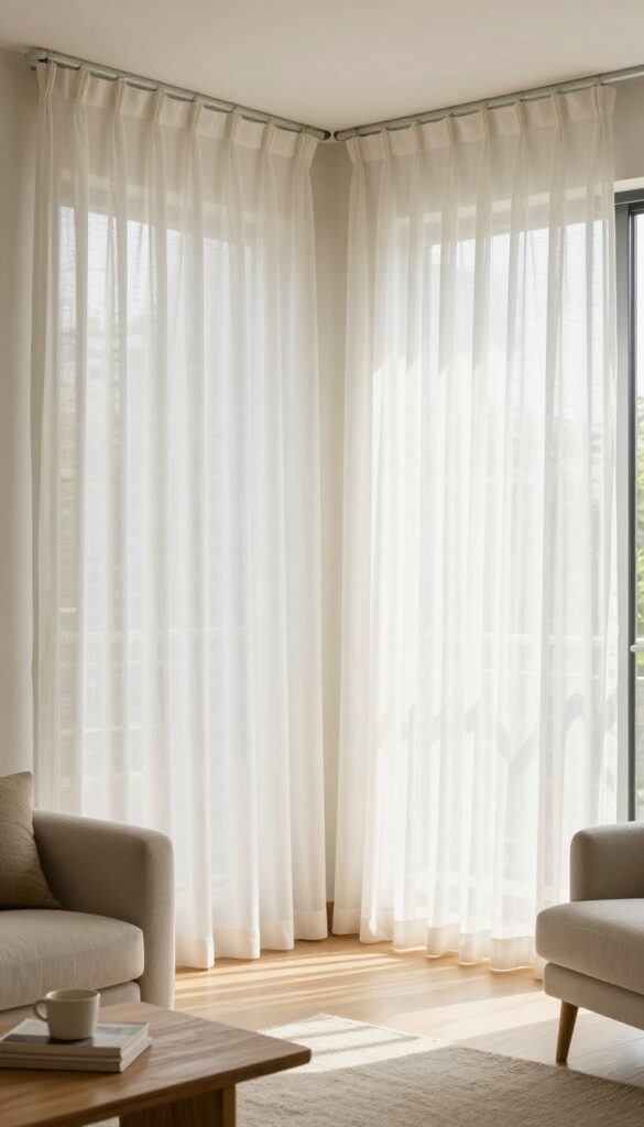 Sheer curtains hung high and wide in a small living room, making the space feel taller and brighter.