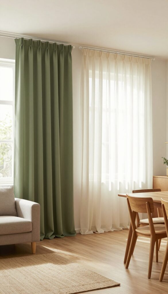 Small living room with dining area, layered curtains soften transition, olive drapes on living side, ivory sheers on dining side, continuous rod, bright natural light.