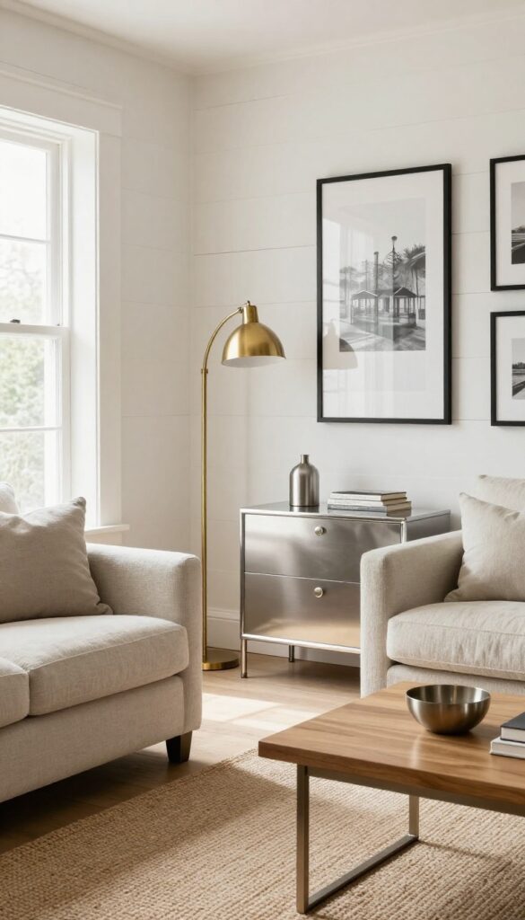 Cottage living room mixing brass, black, and chrome metal finishes for a collected look