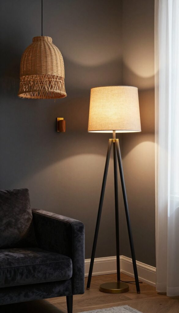 Moody living room with statement lighting, warm bulbs, and cozy atmosphere