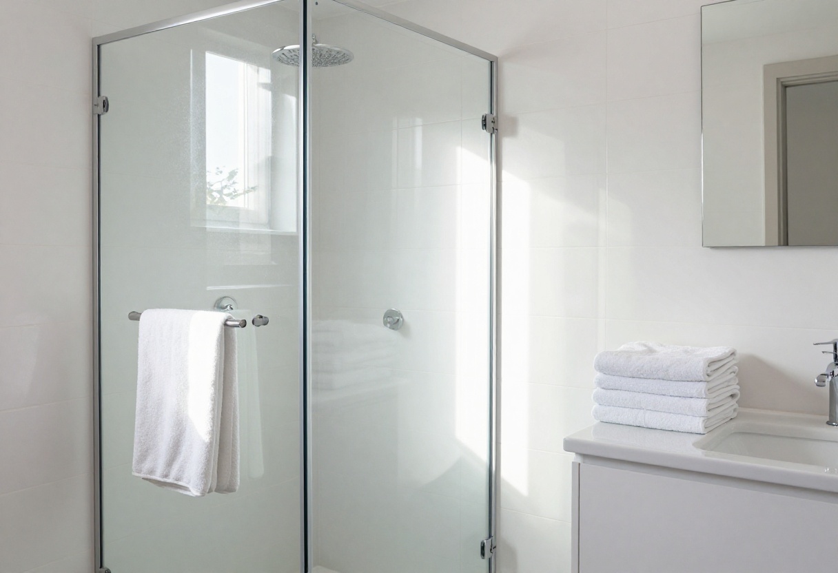 Bright, clean bathroom with shiny fixtures and fresh towels