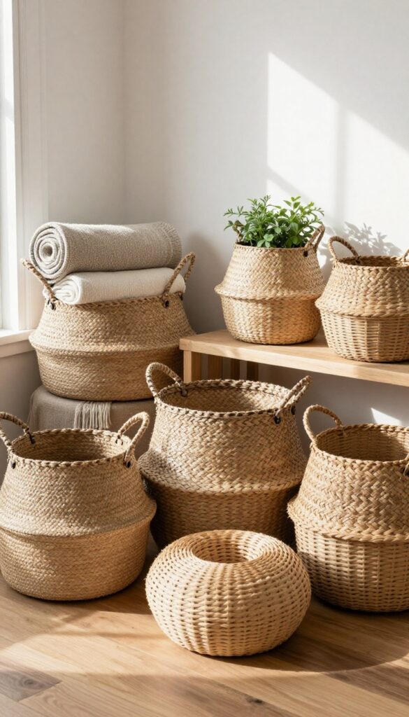 Cozy boho living room corner with a display of woven baskets in natural tones, some holding blankets and a plant, under a console table, with soft natural light.