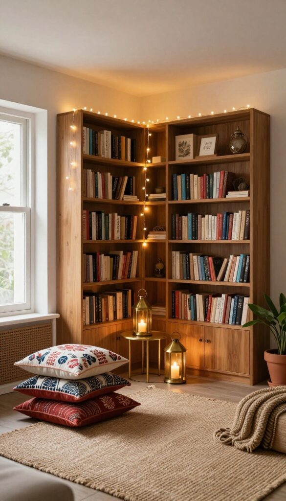Cozy Indian living room with warm string lights and brass lanterns on a side table, jute rug, and block-printed cushions