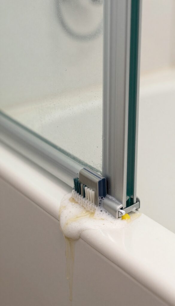 Cleaning shower door tracks and seals with a toothbrush and vinegar solution