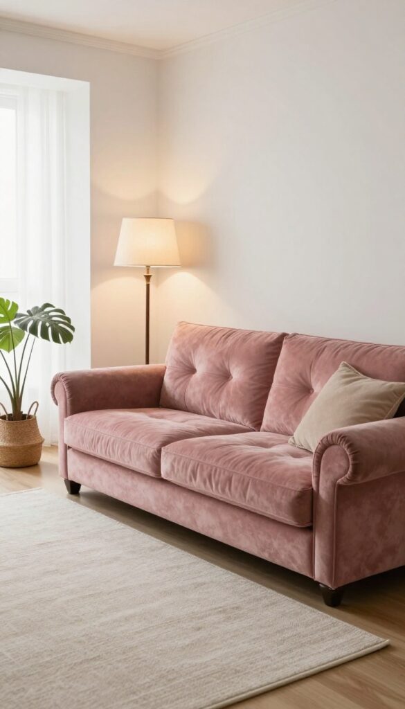 Small living room with vintage tufted velvet sofa, floor lamp, and plant