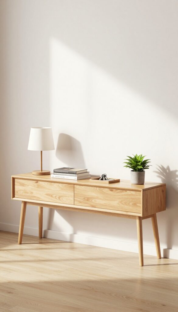 Slim console table behind sofa with lamp, books, plant, and tray