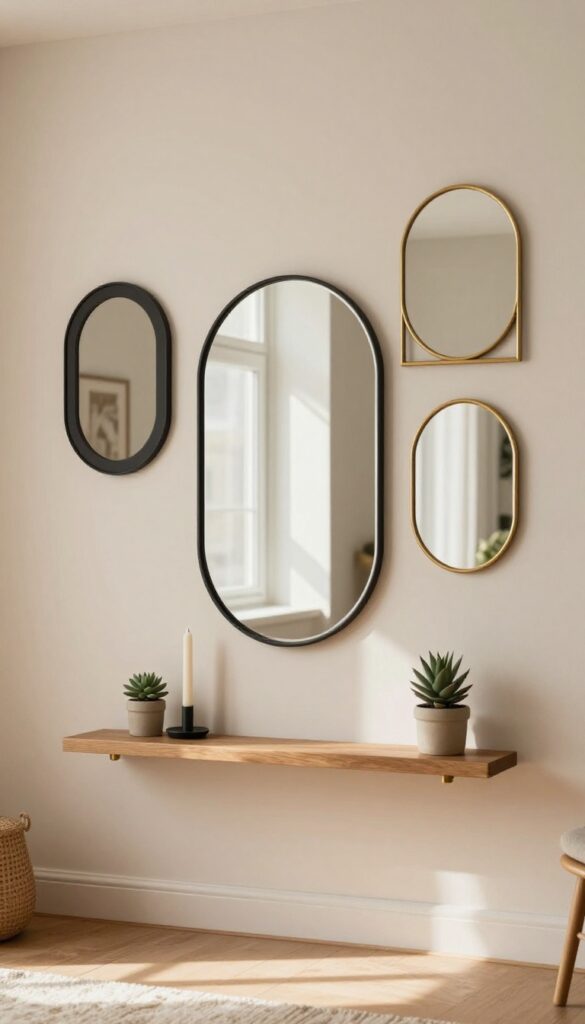 Mirror gallery wall in a living room corner with a hidden floating shelf holding a candle and succulent