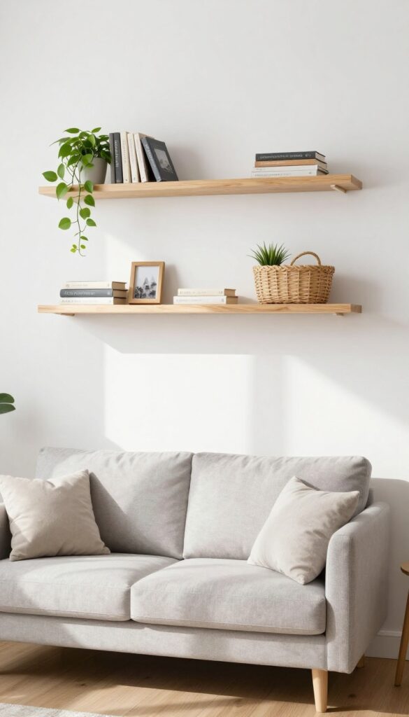 Small living room with floating shelves above a sofa, displaying books, a framed photo, a trailing plant, and a basket, with natural light and clean design.