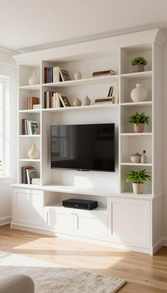 Living room with symmetrical built-in shelving unit framing a centered TV, white cabinetry, open shelves with decor, natural light.