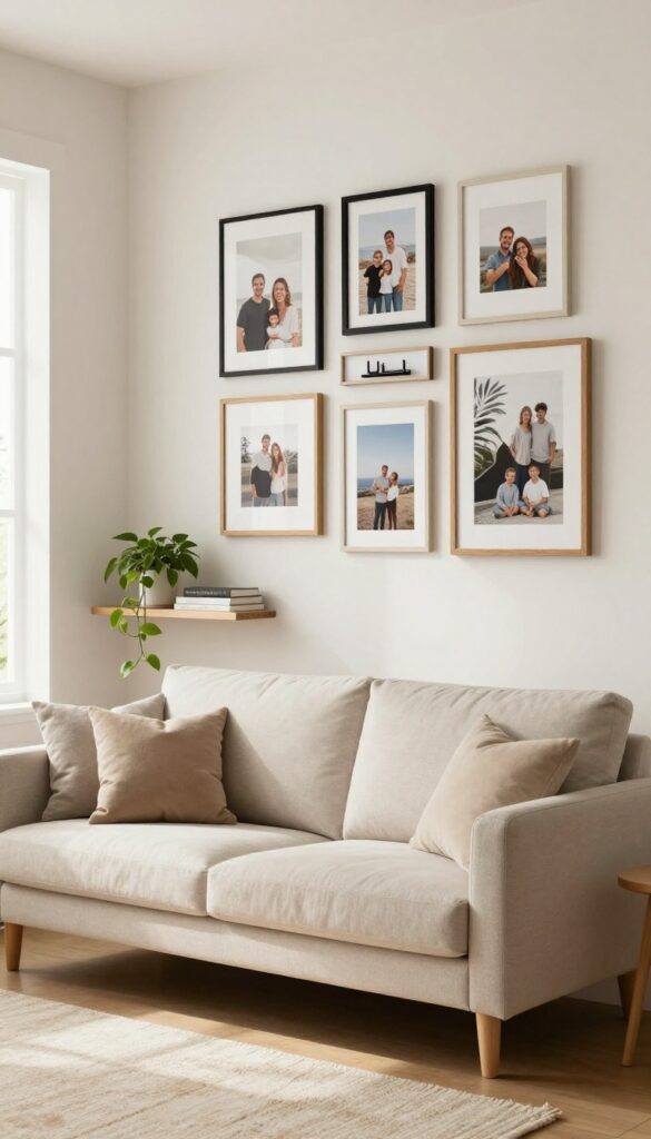 Cozy modern living room with a gallery wall of mixed frames featuring personal photos and art, a trailing plant on a shelf below, and warm natural light.
