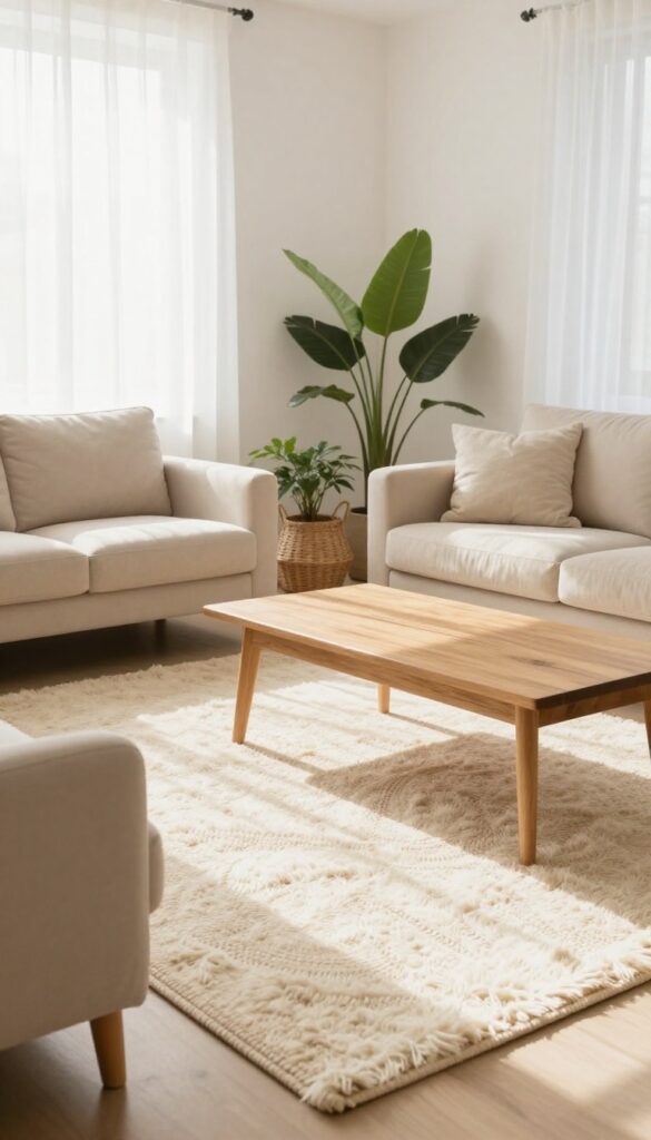 Layered rugs define a cozy seating zone in a light and airy living room with natural textures and soft sunlight.