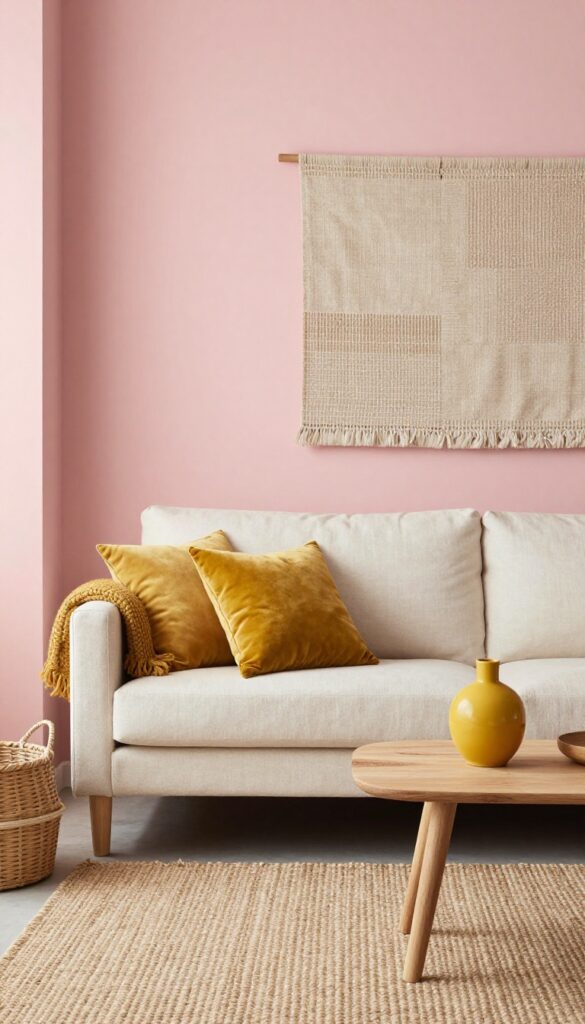 Clay pink living room with mustard yellow accents, natural textures, and boho decor