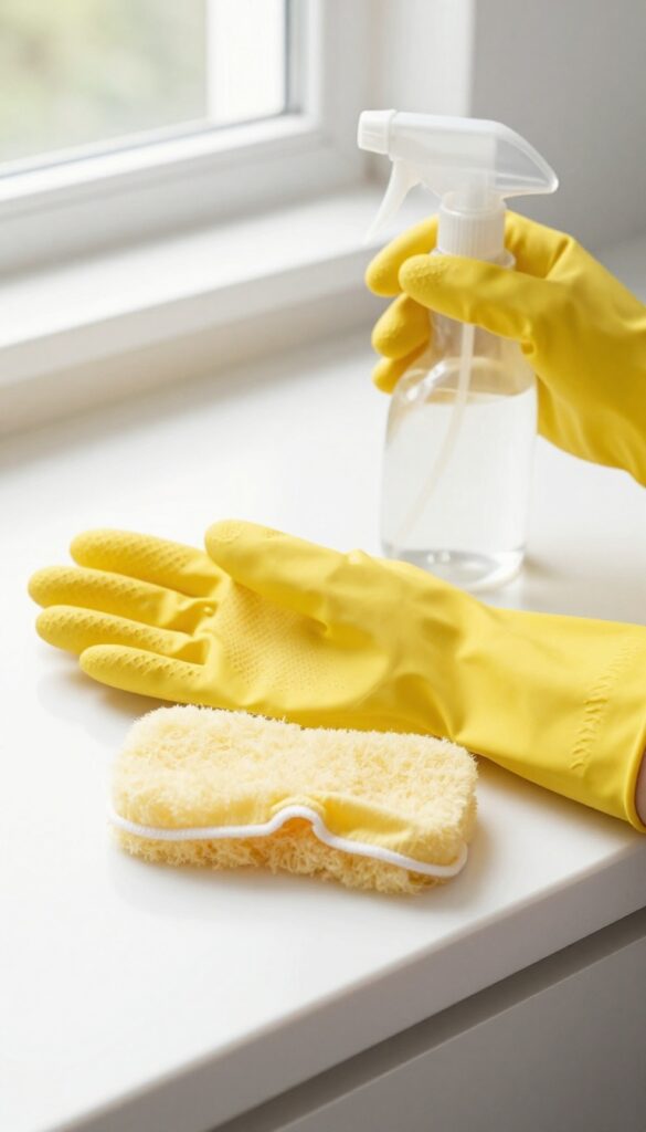Rubber gloves on bathroom counter with cleaning supplies