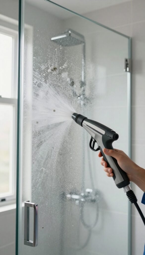 Professional cleaner using steam on etched shower glass door
