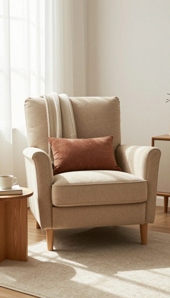 Cozy armchair with built-in footstool in a small living room corner