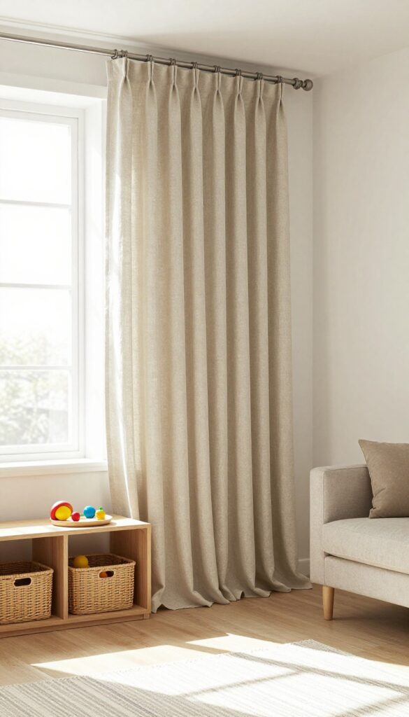 Living room corner with a curtain hiding toy storage, featuring a tension rod, floor-length linen curtain, low bench, and baskets.