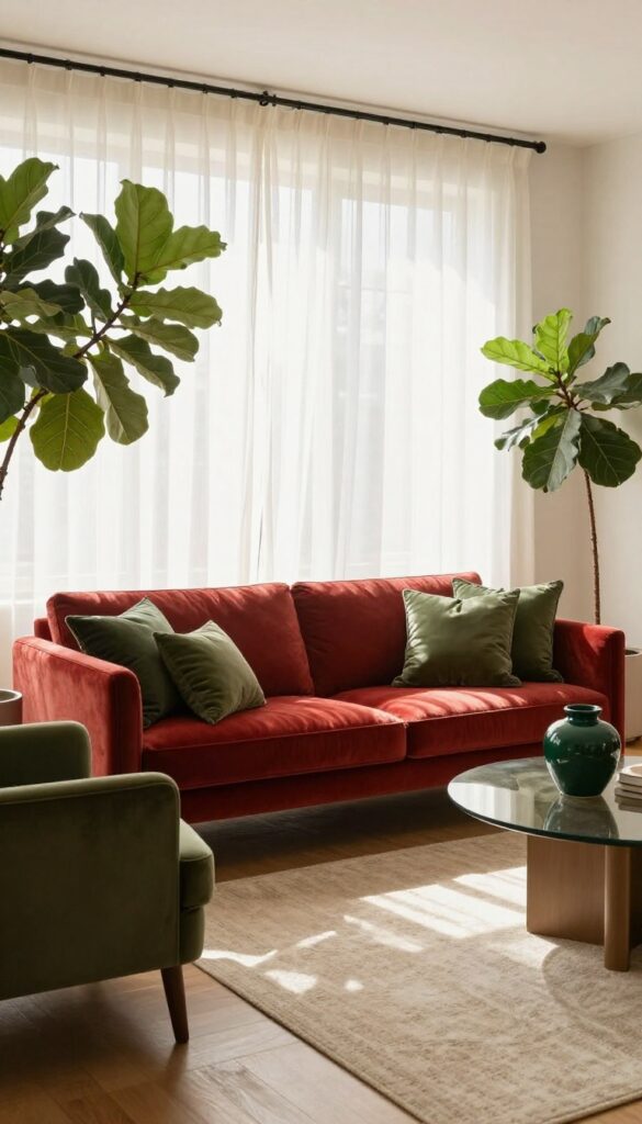 Red couch living room with olive green accent chairs and plants for natural contrast