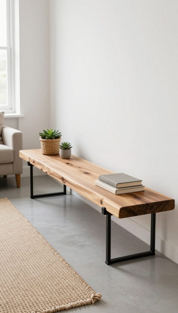Rustic wood plank TV console mounted on brackets in a bright small living room with a live-edge slab, minimal decor, and open floor space.