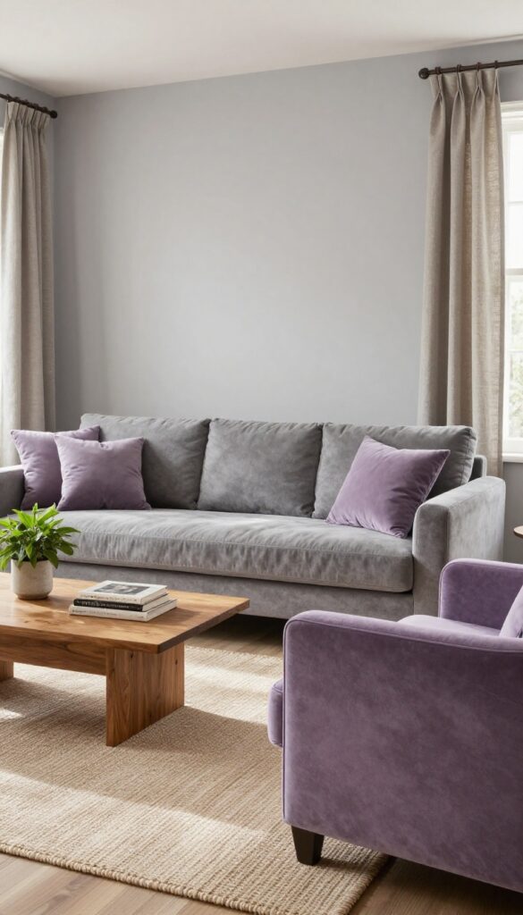 Small living room with warm gray walls and lavender velvet armchair, jute rug, linen curtains, wooden coffee table, bright natural light.