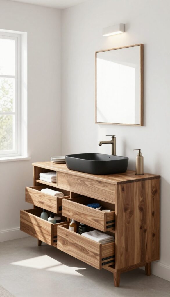 Corner console with built-in drawers and vessel sink in modern living room