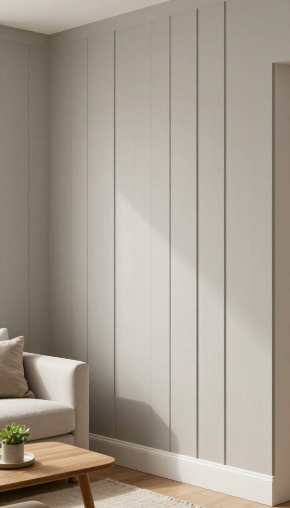 Board and batten wall in a small living room with soft greige paint, vertical lines, natural light, and minimalist decor.