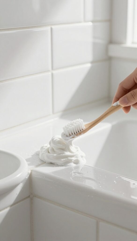 Person scrubbing grout with toothbrush and baking soda paste