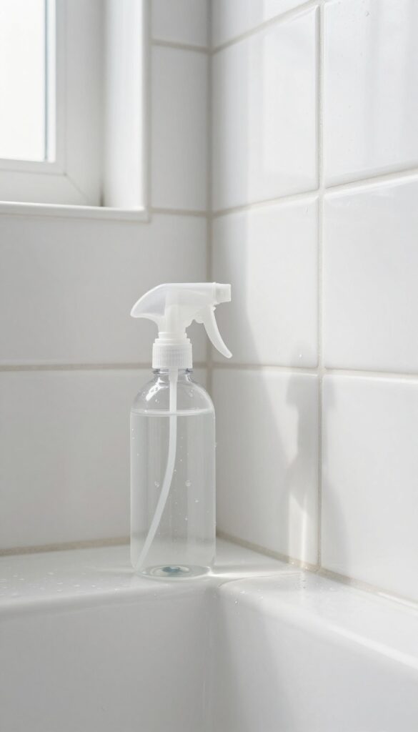 Clean bathroom shower tiles with a spray bottle on a ledge, bright natural light