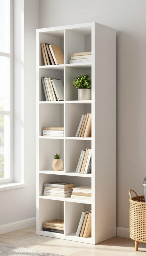 Vertical bookshelf made from stacked Eket cubes in a bright living room with open and closed fronts, displaying books and decor.