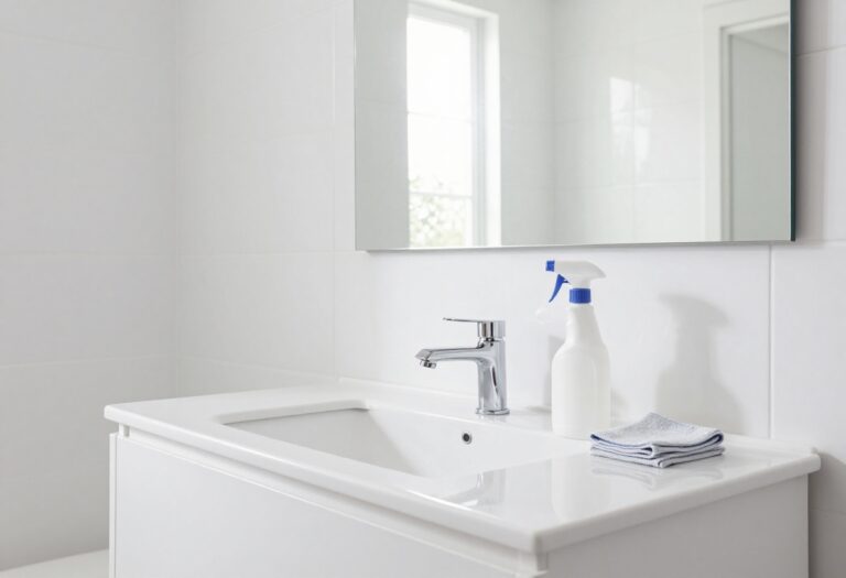 Clean bathroom with cleaning supplies on counter