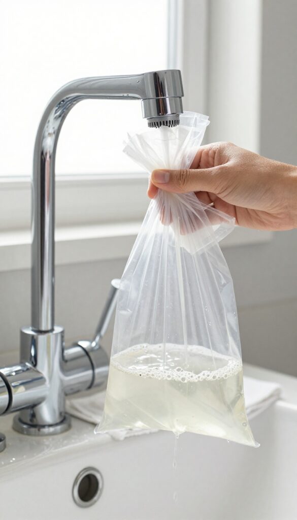 Shower head submerged in a vinegar-filled plastic bag and a chrome faucet being wiped clean in a bright bathroom