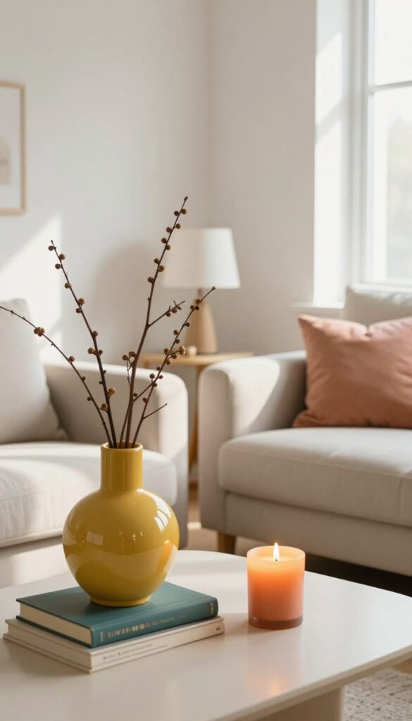 Neutral living room with colorful accessories: mustard yellow vase, teal books, burnt orange candle, and coral pillow on beige sofa.