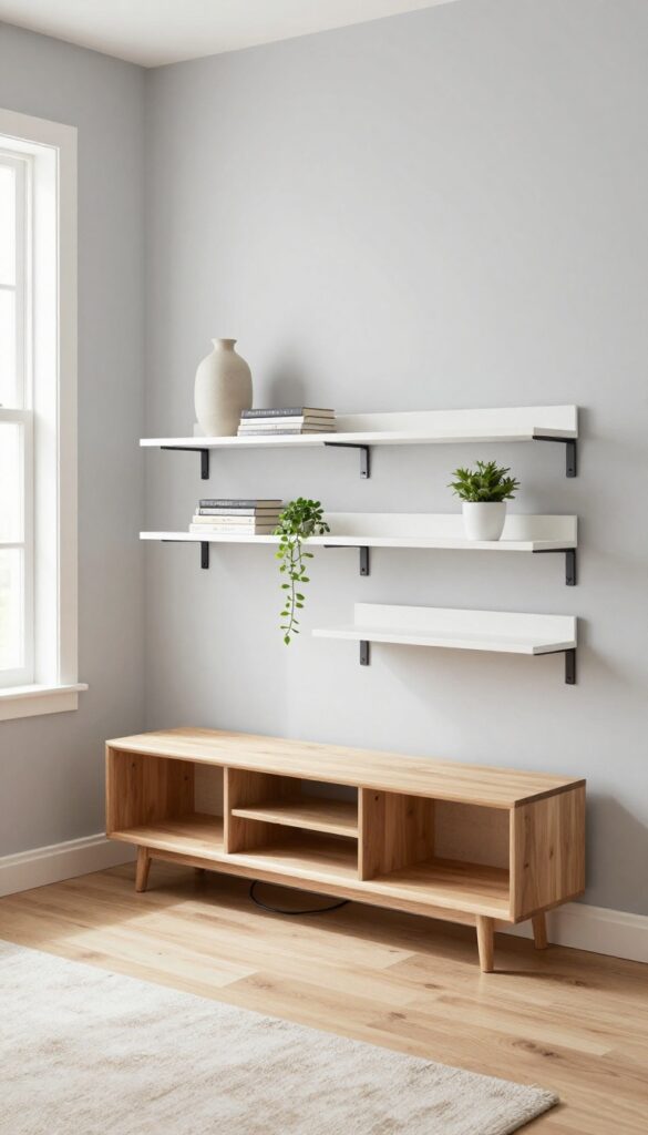Low media console with open shelving above, styled with books, vase, and plant, in a bright small living room.